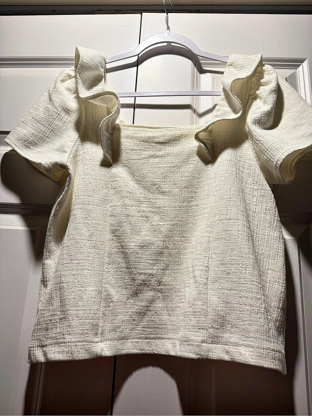 Madewell Crosshatch Ruffled Top Bright Ivory Cream Size S Square Neck AN499